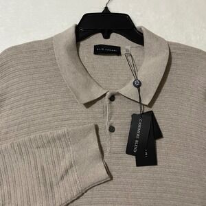 Elie Tahari Mens Cashmere Blend Long Sleeve Polo Sweater Stone Heather XL NEW